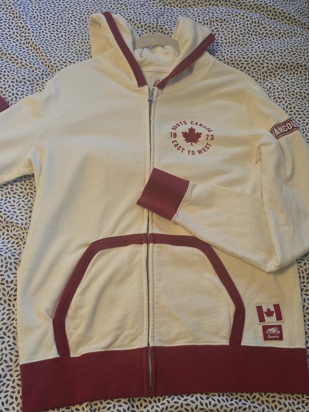 Roots Canada Classic Cream and Red Zip Front Hoodie